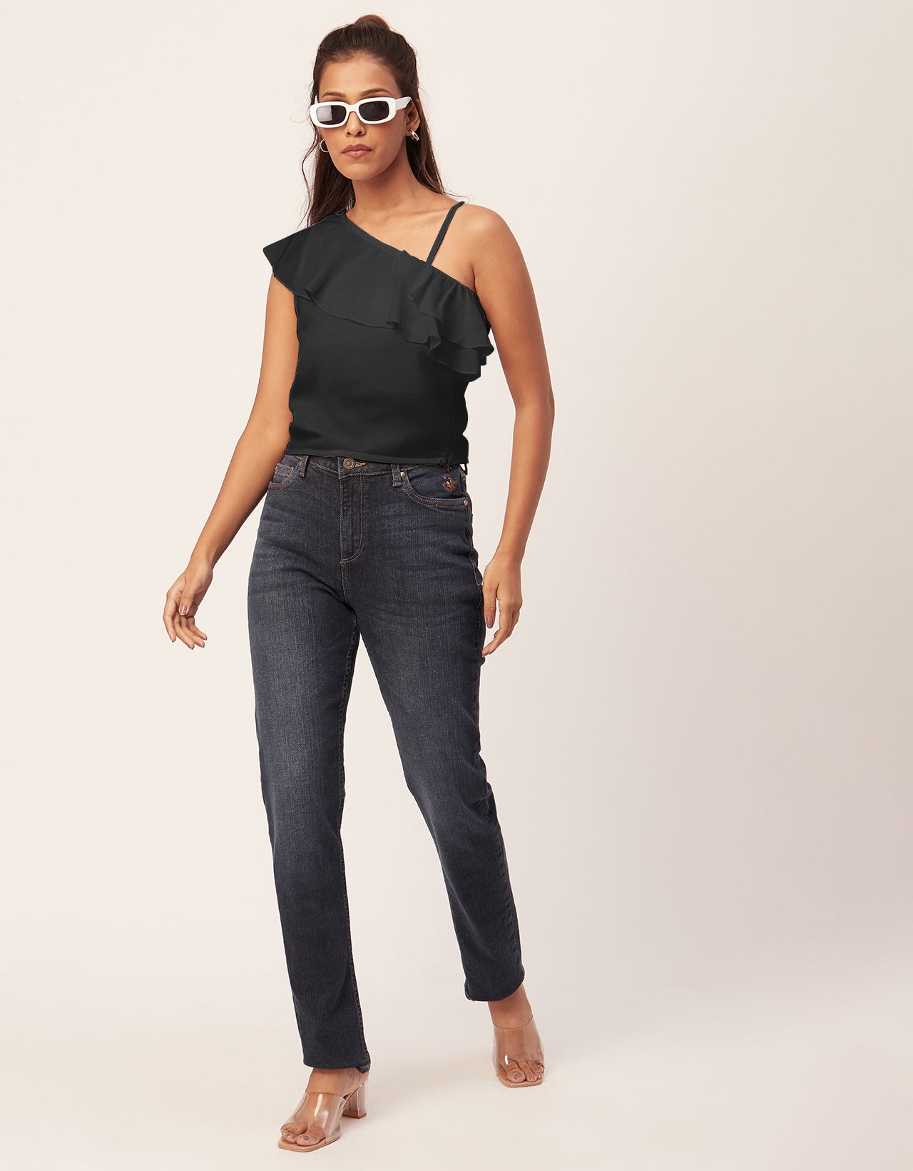 One Shoulder Ruffled Crop