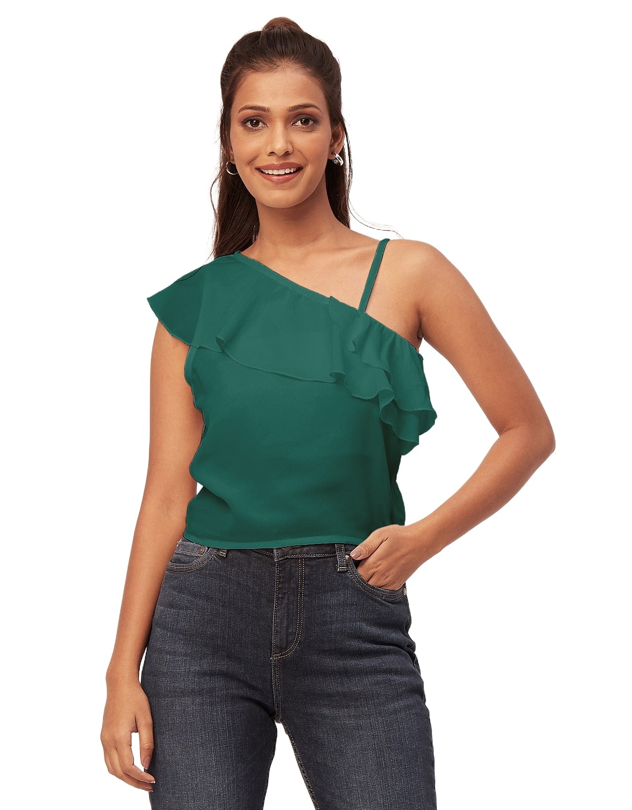 One Shoulder Ruffled Crop