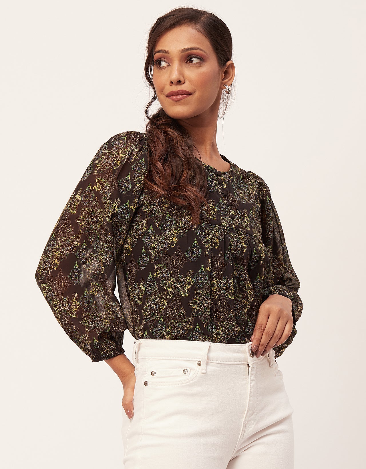Round Neck Long Puff Sleeve