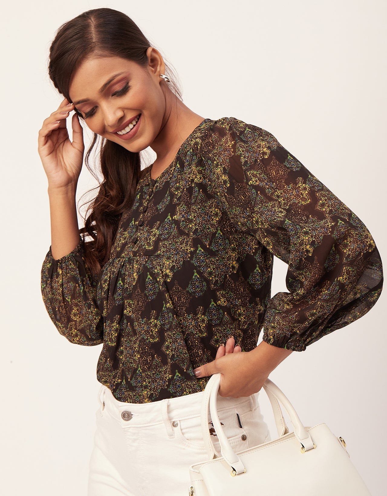 Round Neck Long Puff Sleeve