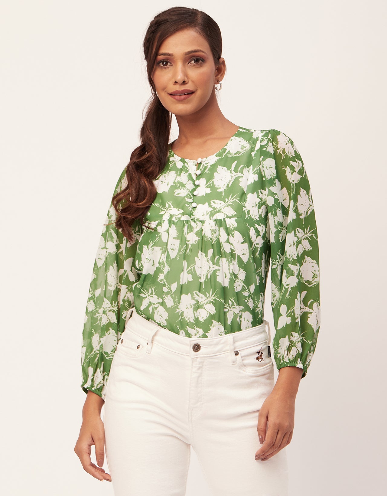 Round Neck Long Puff Sleeve