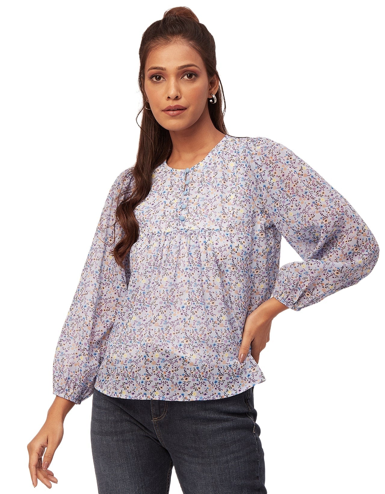 Round Neck Long Puff Sleeve