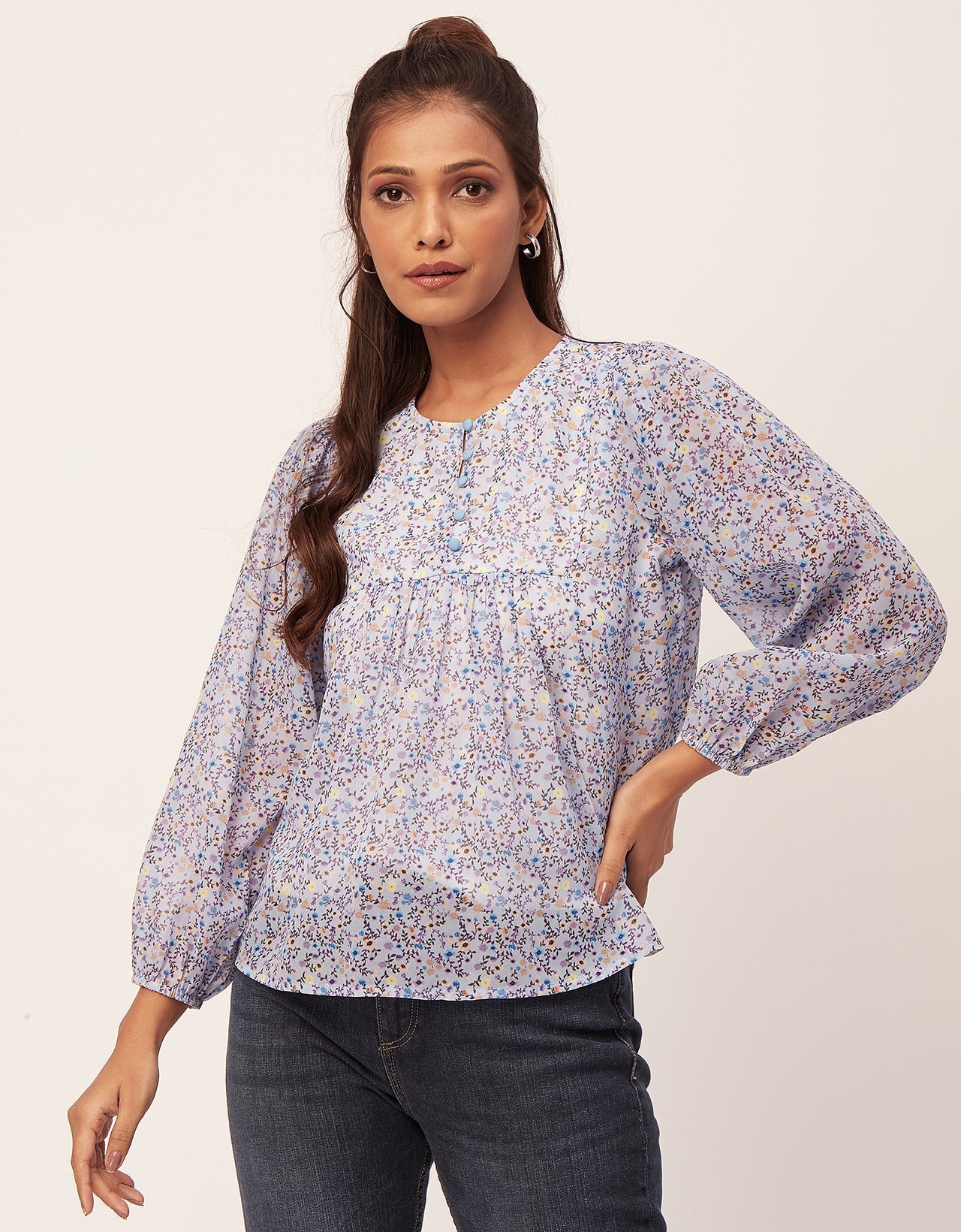 Round Neck Long Puff Sleeve