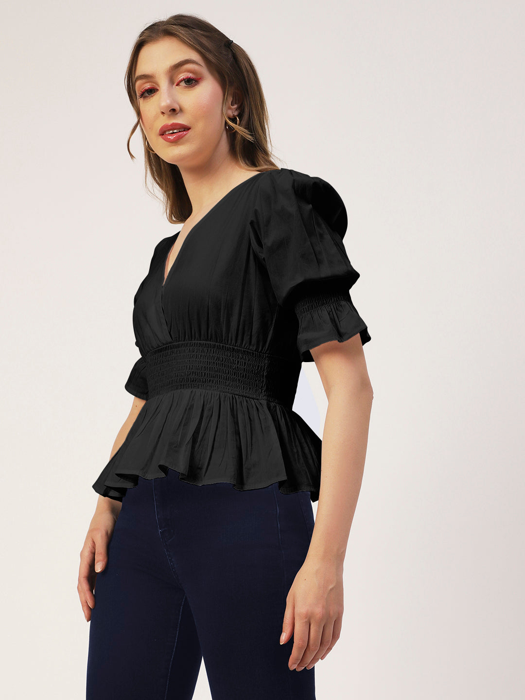 Solid Cotton Smocked Tops
