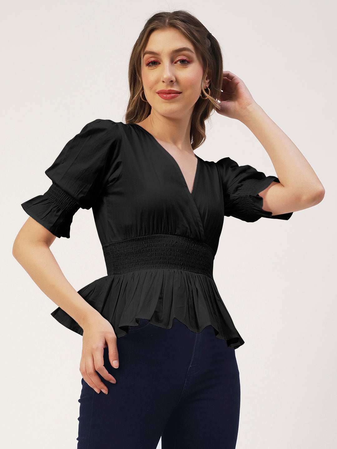Solid Cotton Smocked Tops