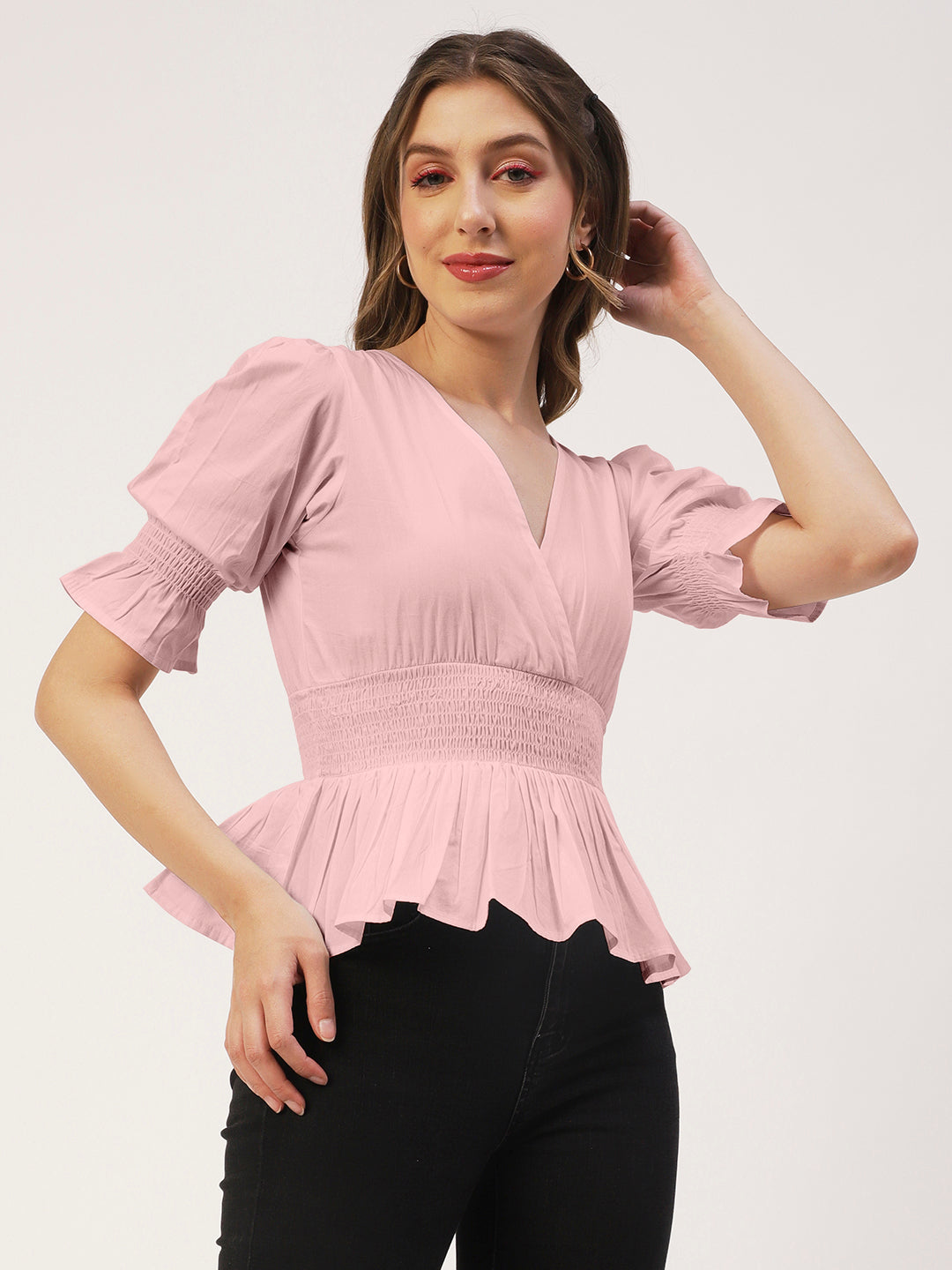 Solid Cotton Smocked Tops