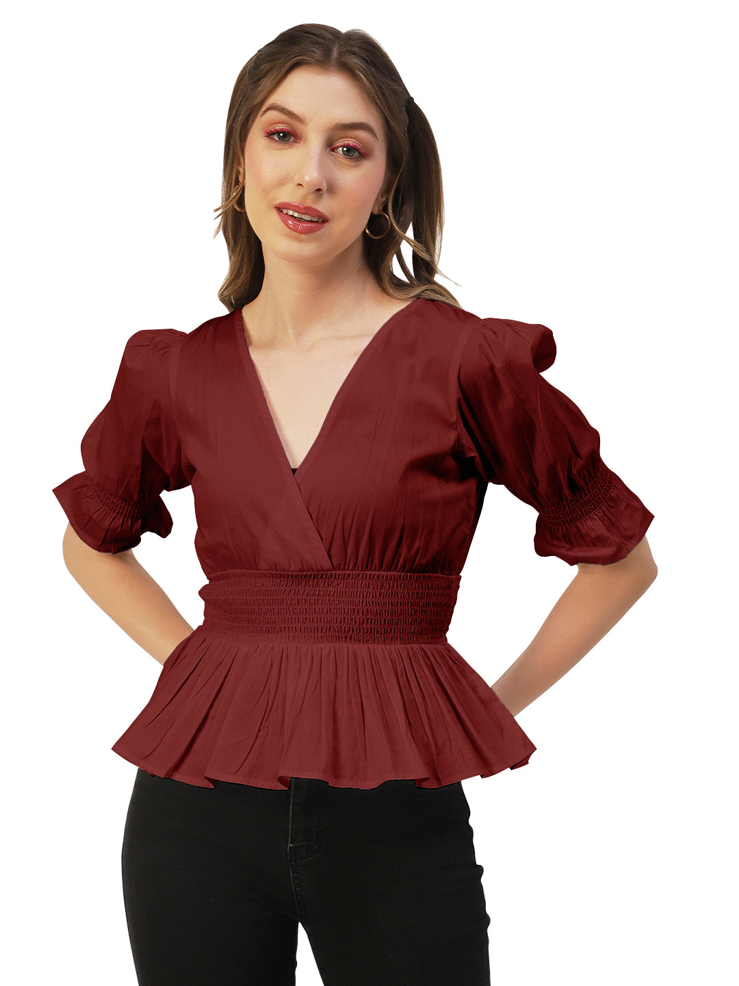 Solid Cotton Smocked Tops