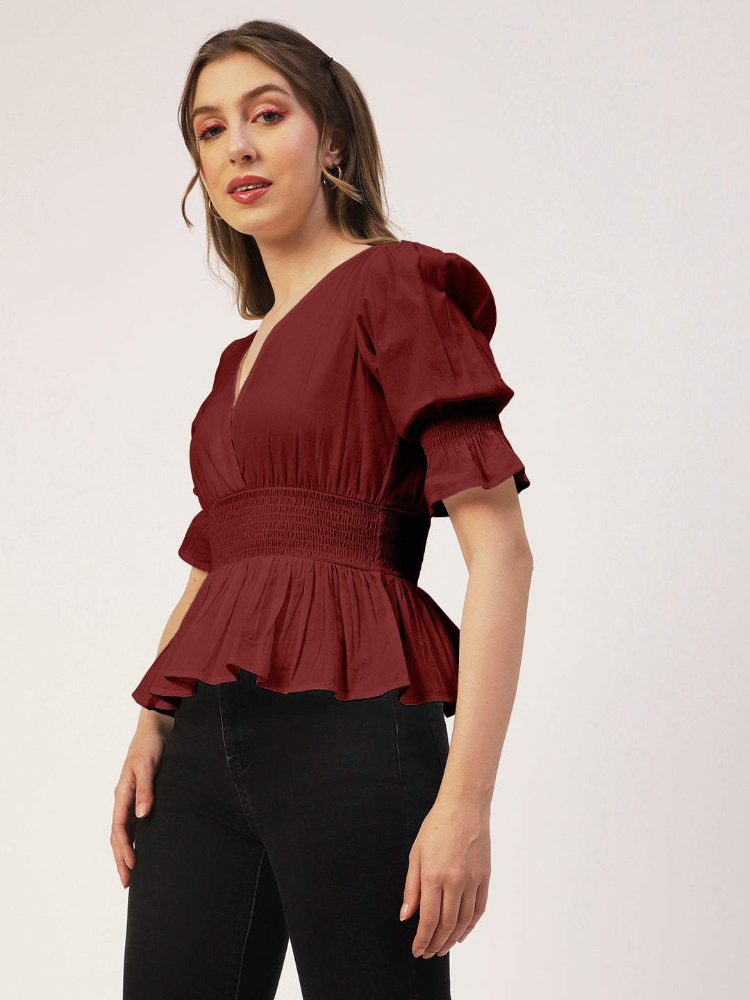 Solid Cotton Smocked Tops