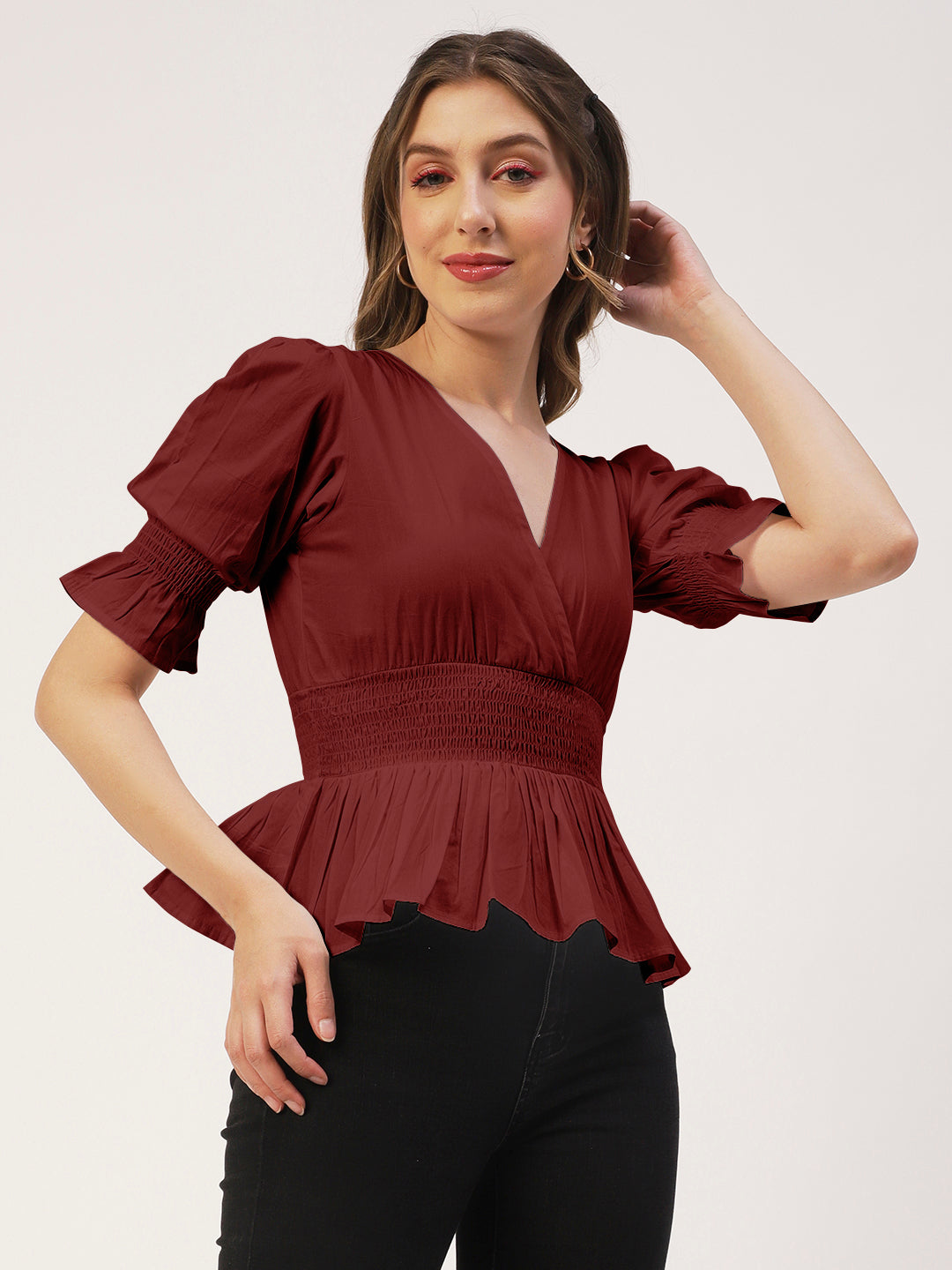 Solid Cotton Smocked Tops