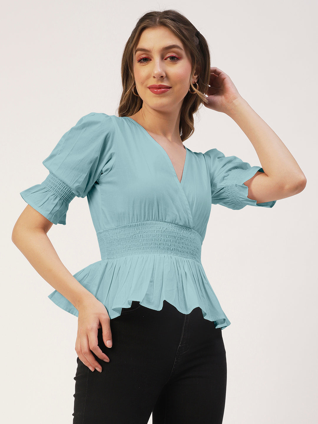 Solid Cotton Smocked Tops