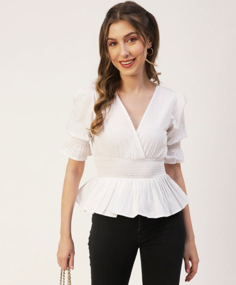 Solid Cotton Smocked Tops