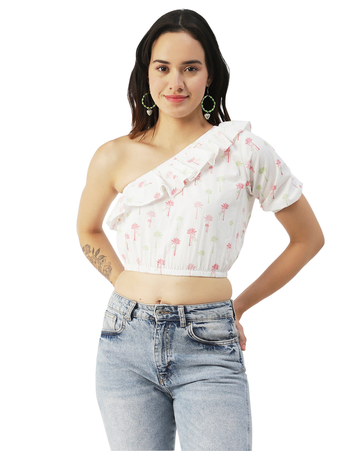 Printed One-Shoulder Crop