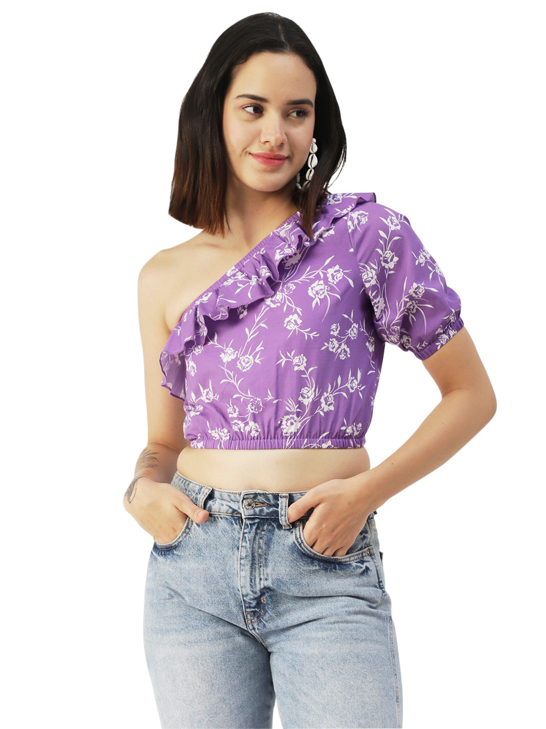 Printed One-Shoulder Crop