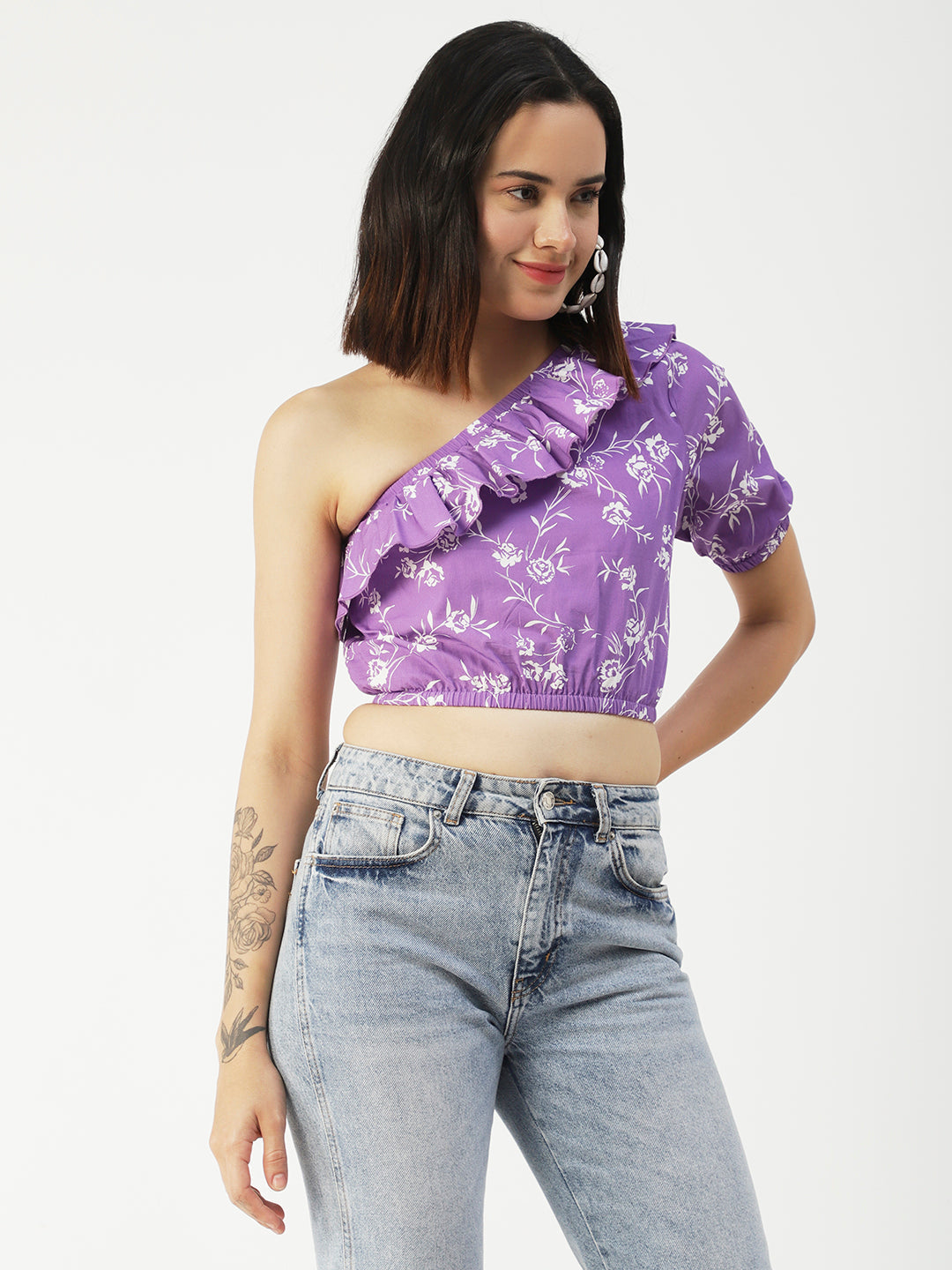 Printed One-Shoulder Crop