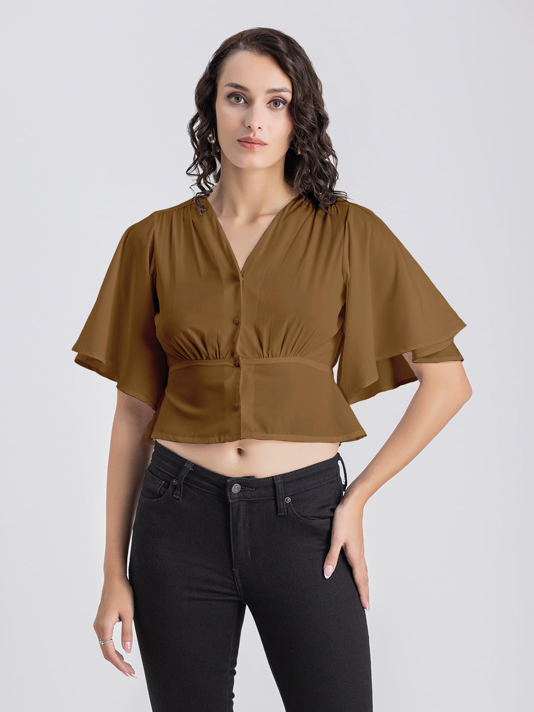 Solid V-Neck Flutter Top