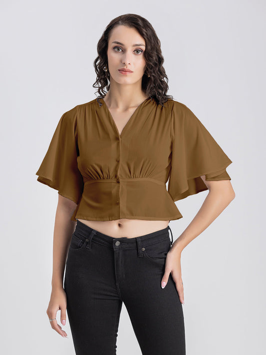Solid V-Neck Flutter Top