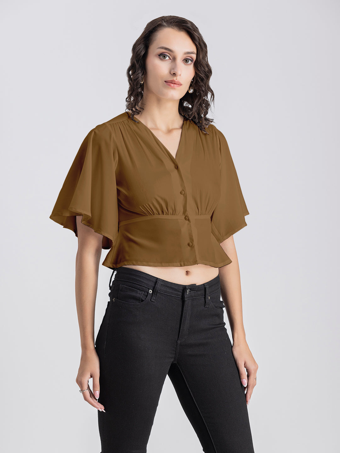 Solid V-Neck Flutter Top