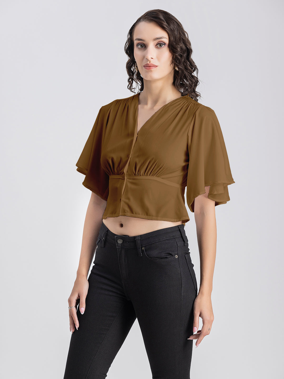 Solid V-Neck Flutter Top