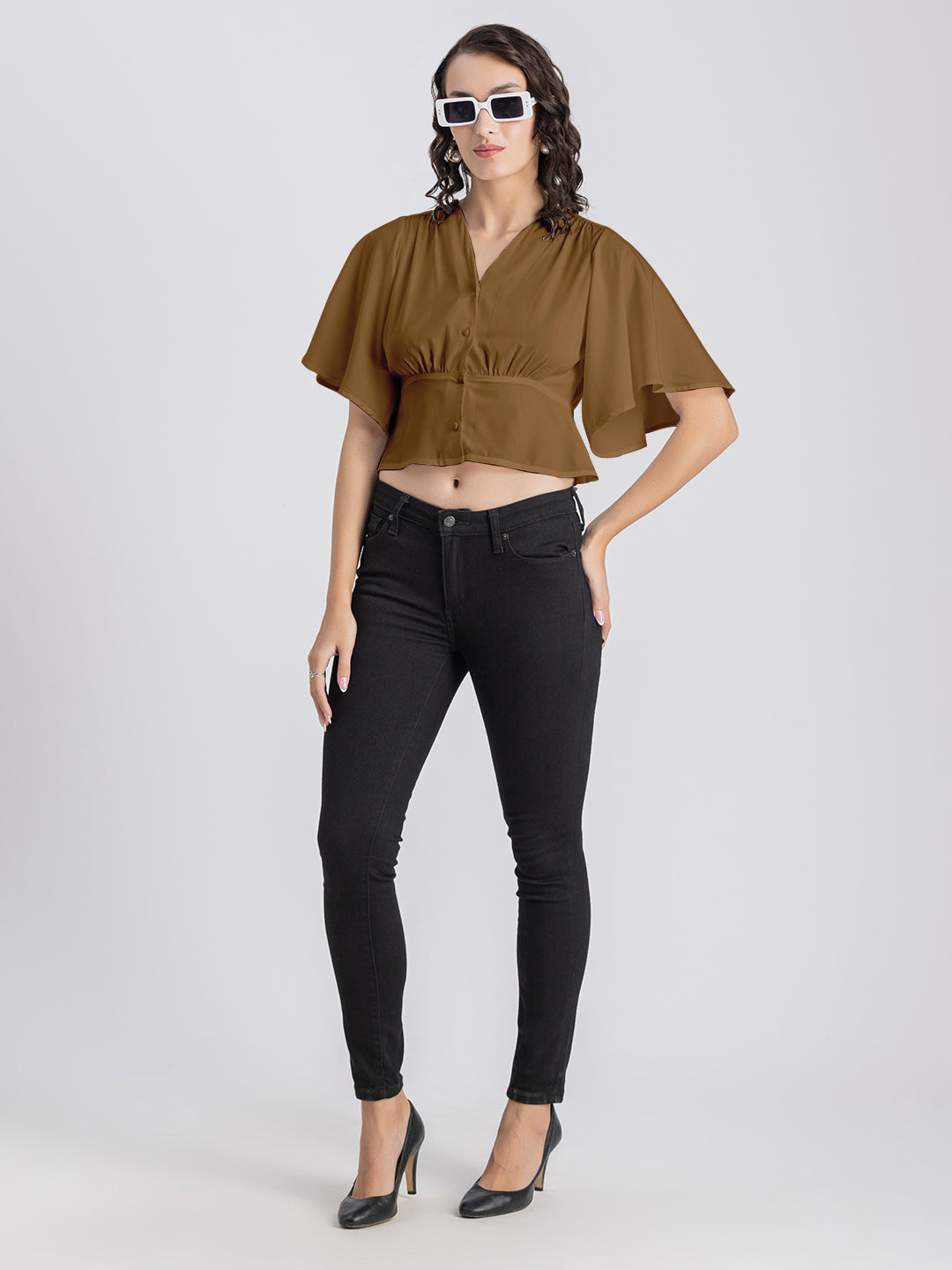 Solid V-Neck Flutter Top