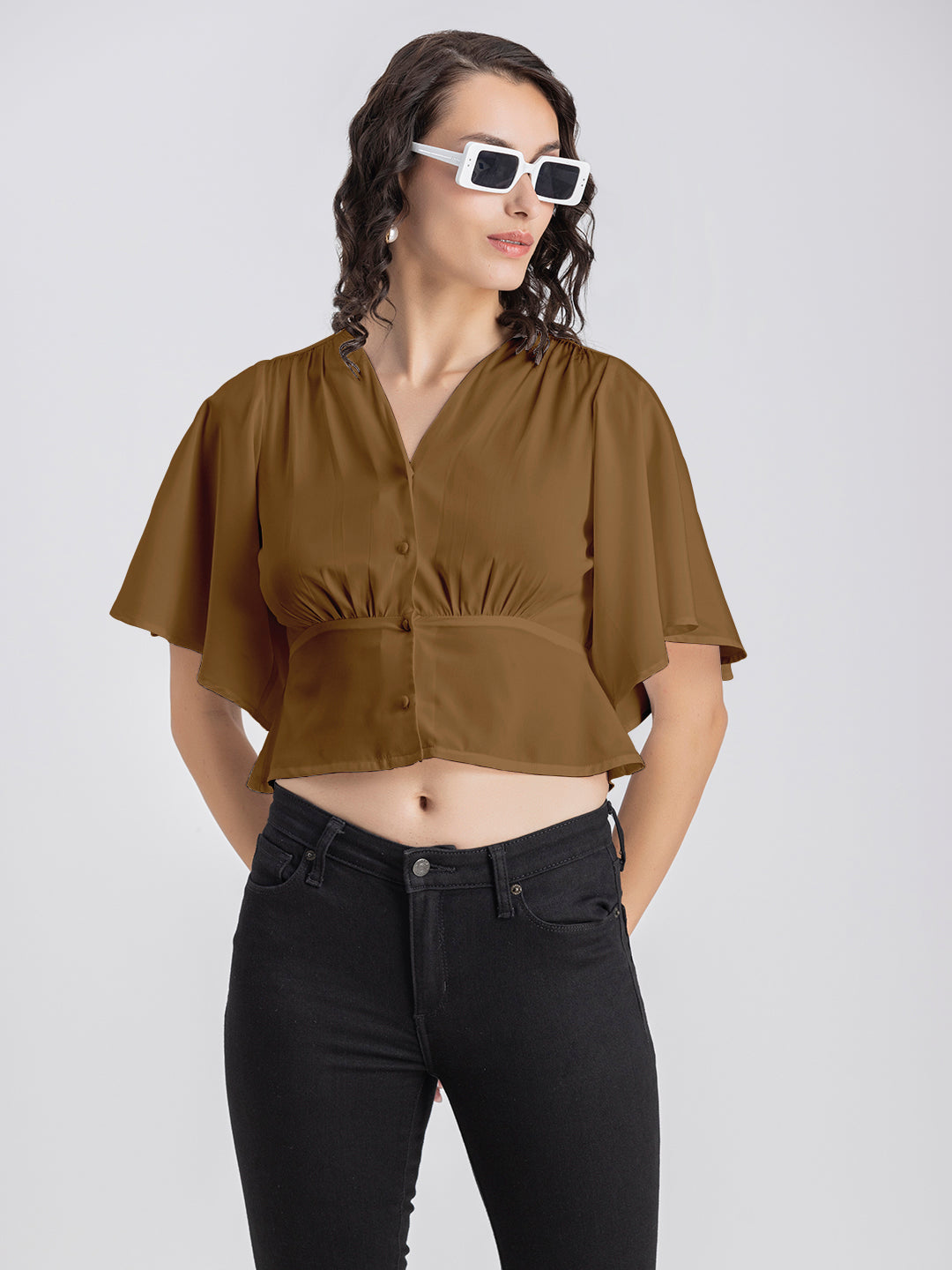 Solid V-Neck Flutter Top