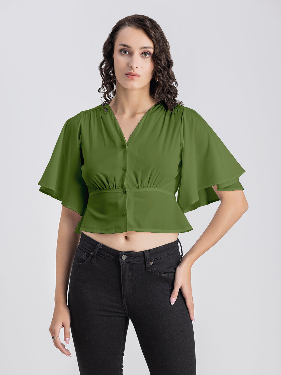 Solid V-Neck Flutter Top