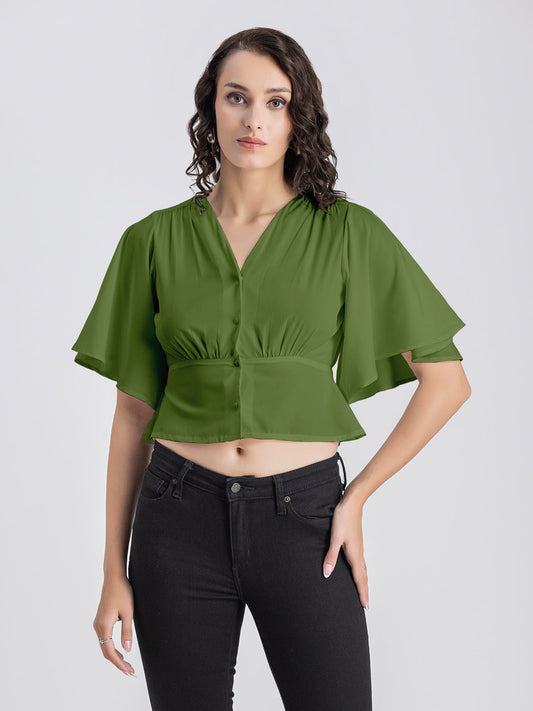 Solid V-Neck Flutter Top