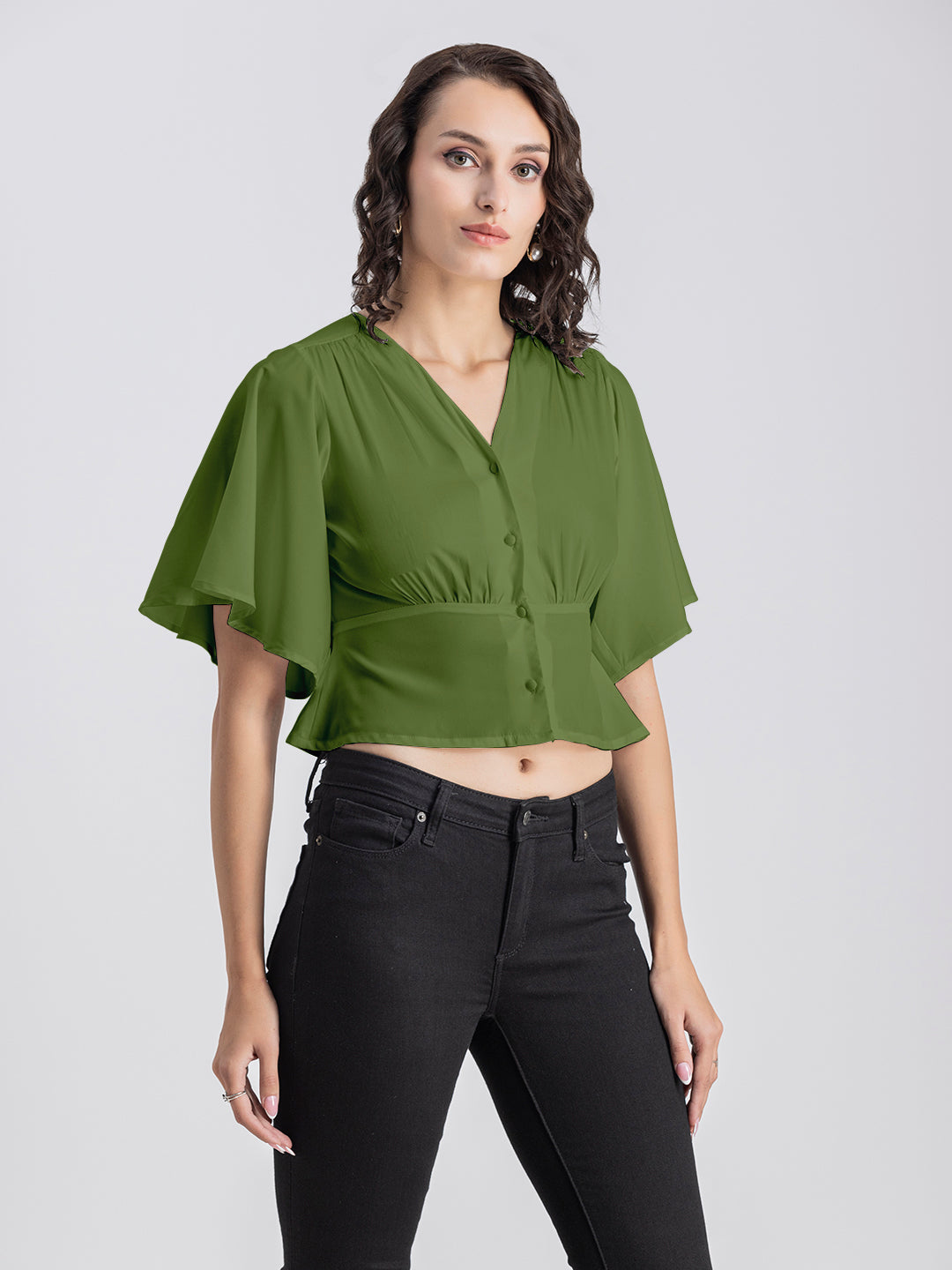 Solid V-Neck Flutter Top