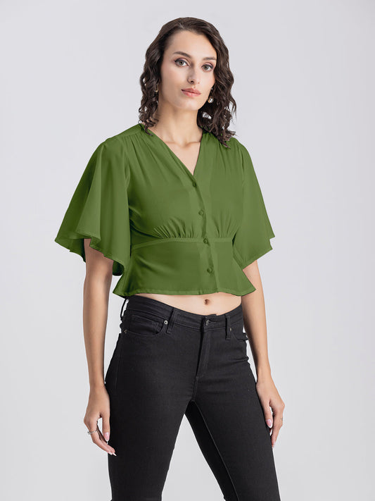 Solid V-Neck Flutter Top