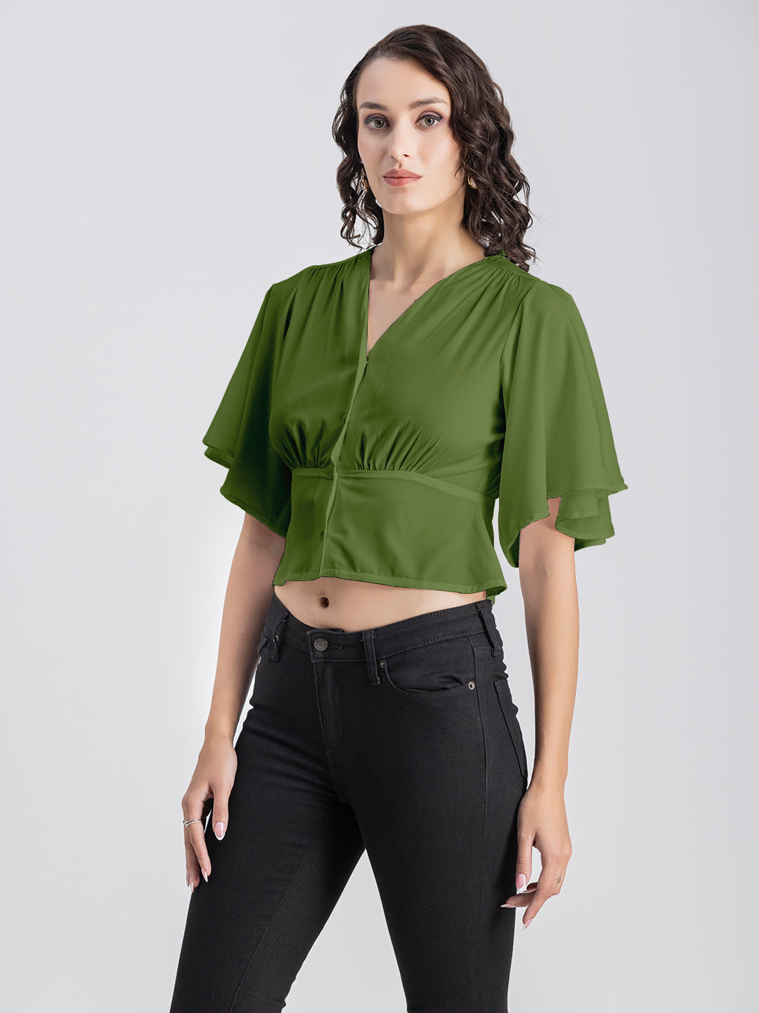 Solid V-Neck Flutter Top