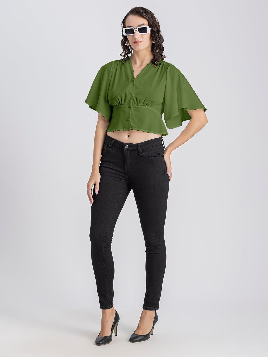 Solid V-Neck Flutter Top