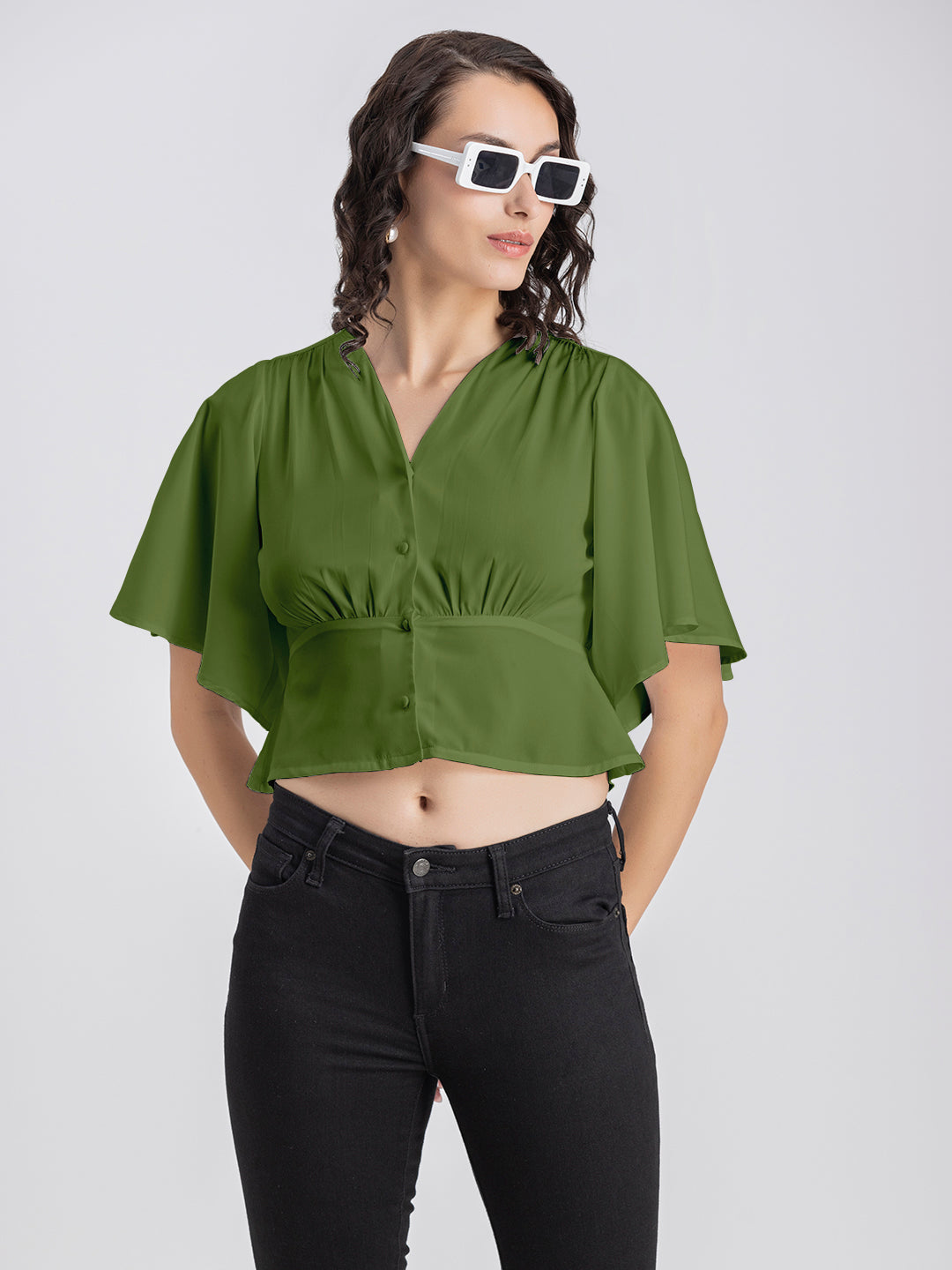 Solid V-Neck Flutter Top