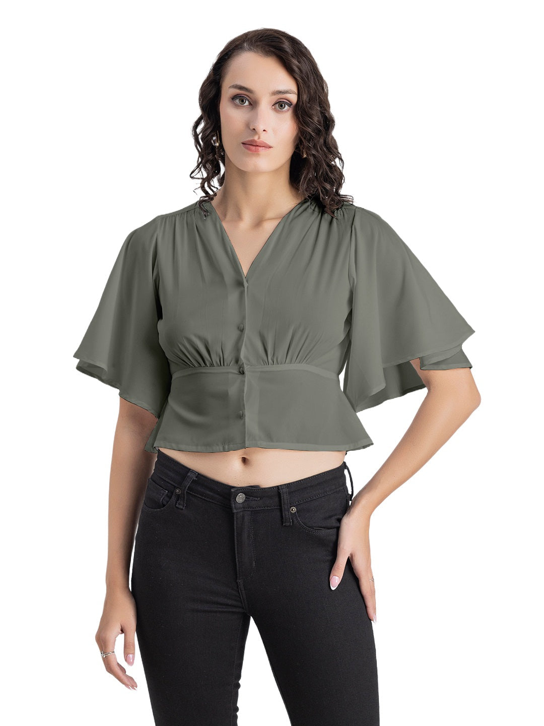 Solid V-Neck Flutter Top