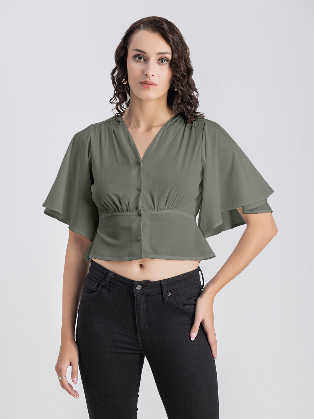 Solid V-Neck Flutter Top