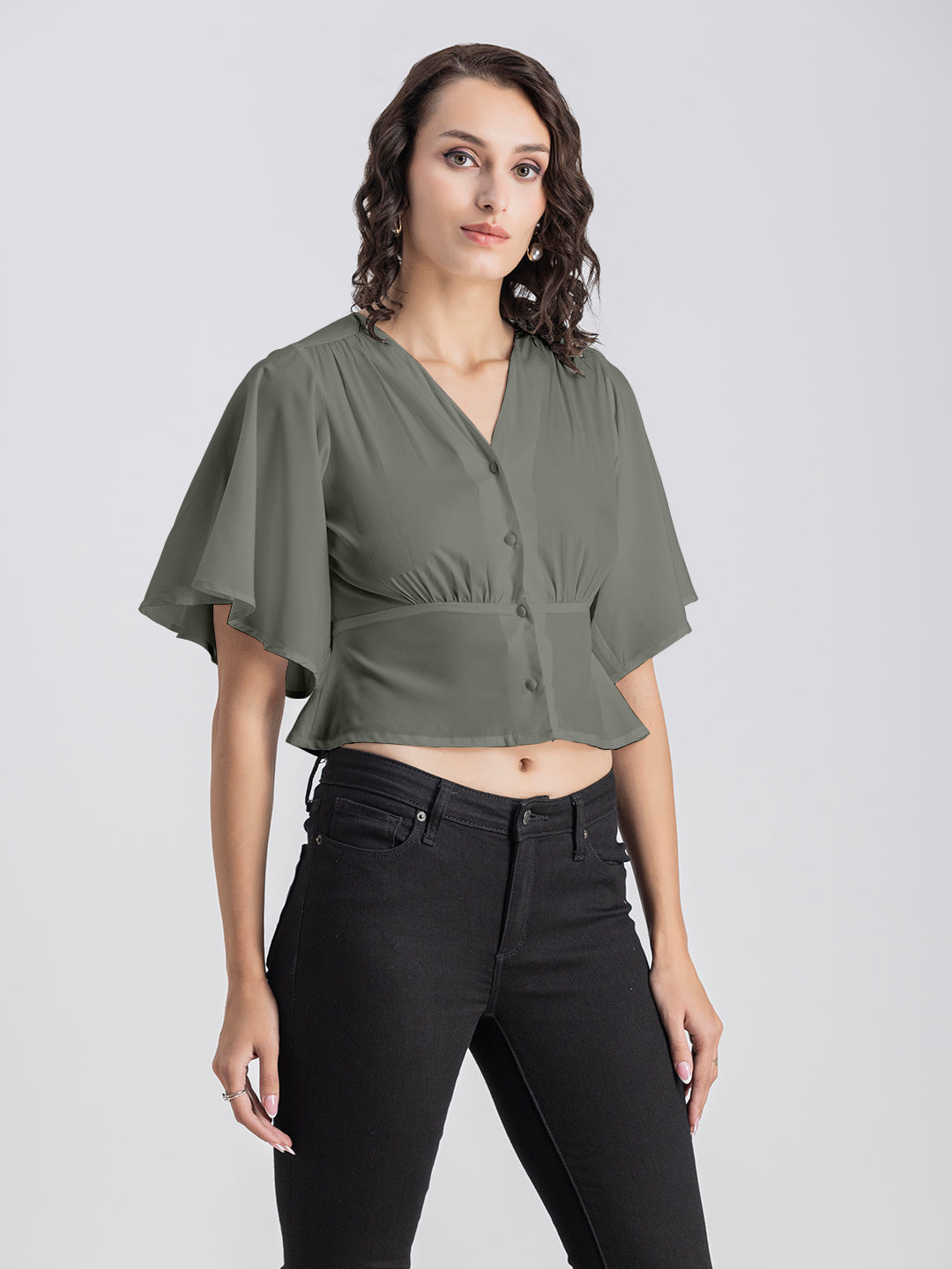 Solid V-Neck Flutter Top
