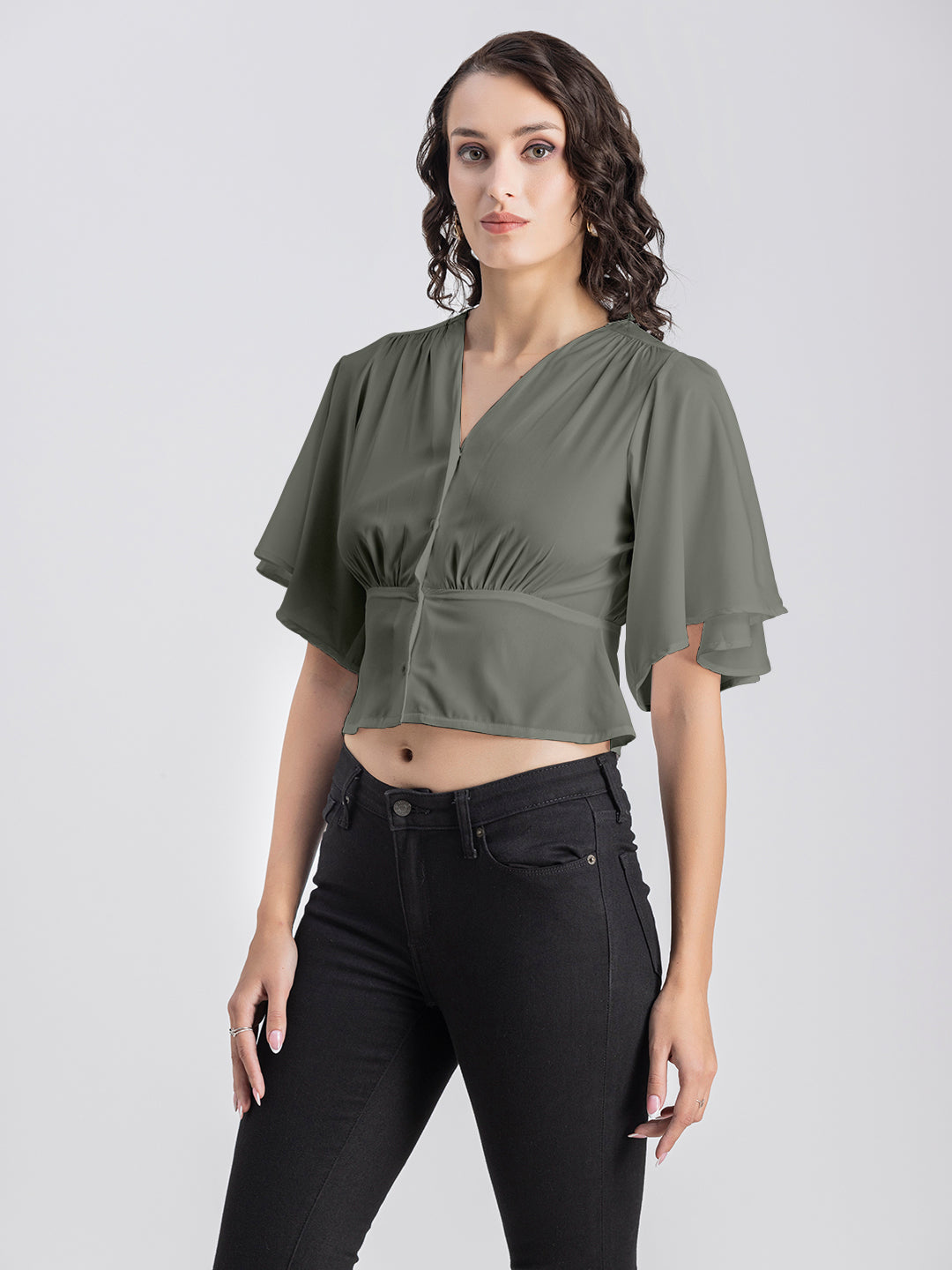 Solid V-Neck Flutter Top