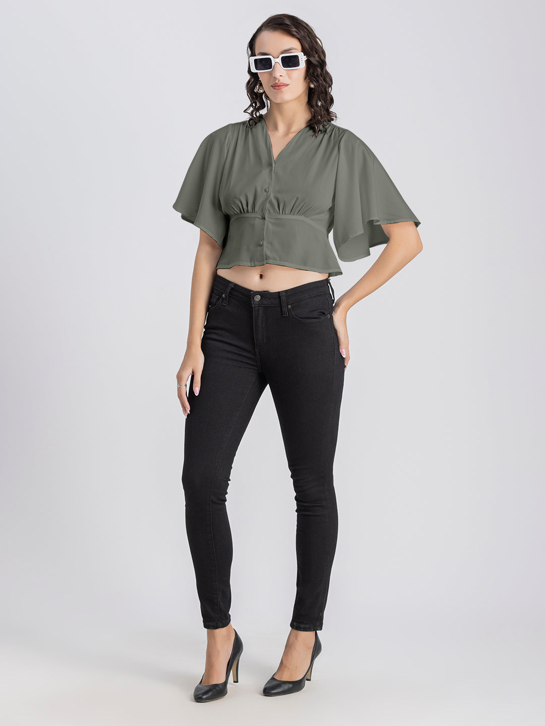 Solid V-Neck Flutter Top