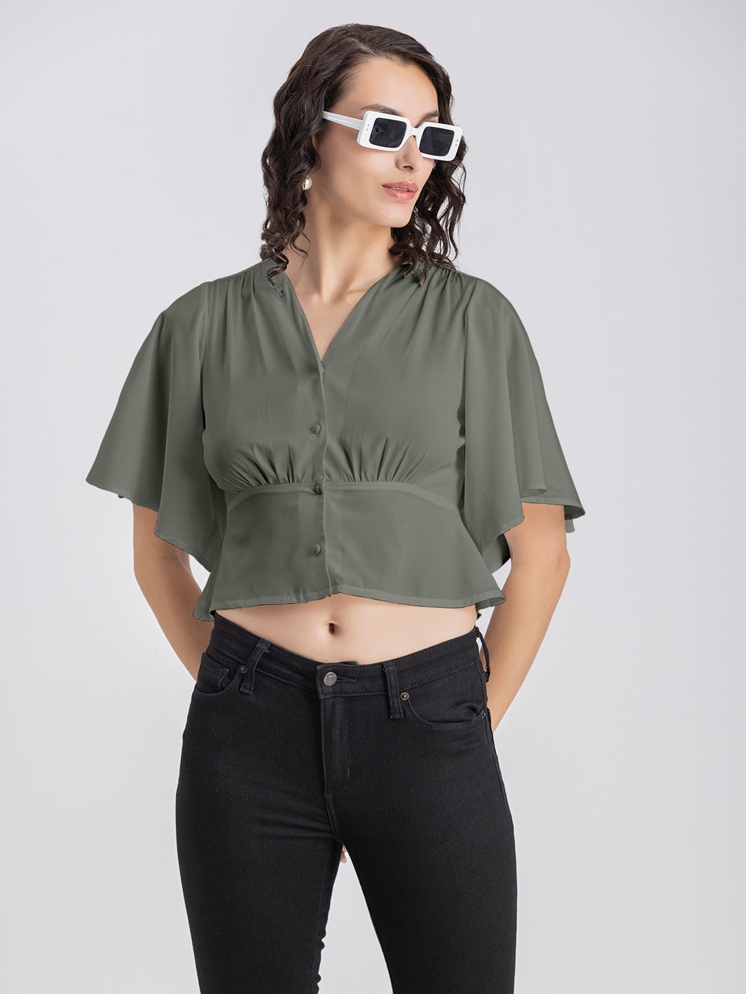 Solid V-Neck Flutter Top