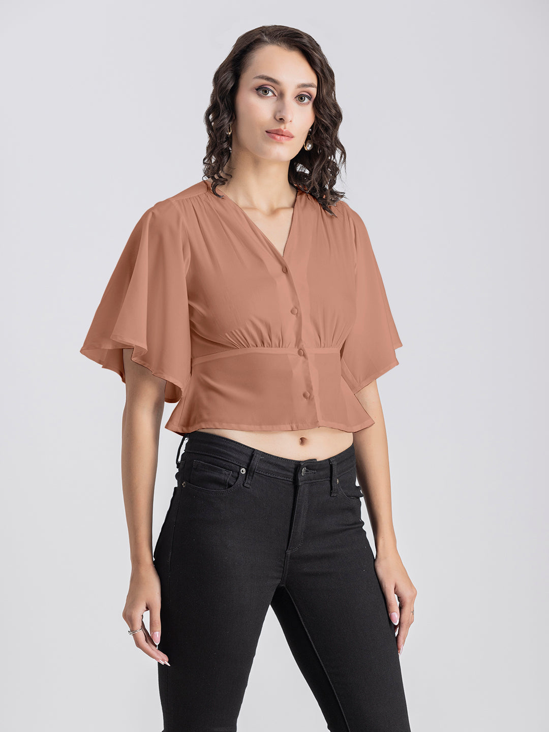 Solid V-Neck Flutter Top