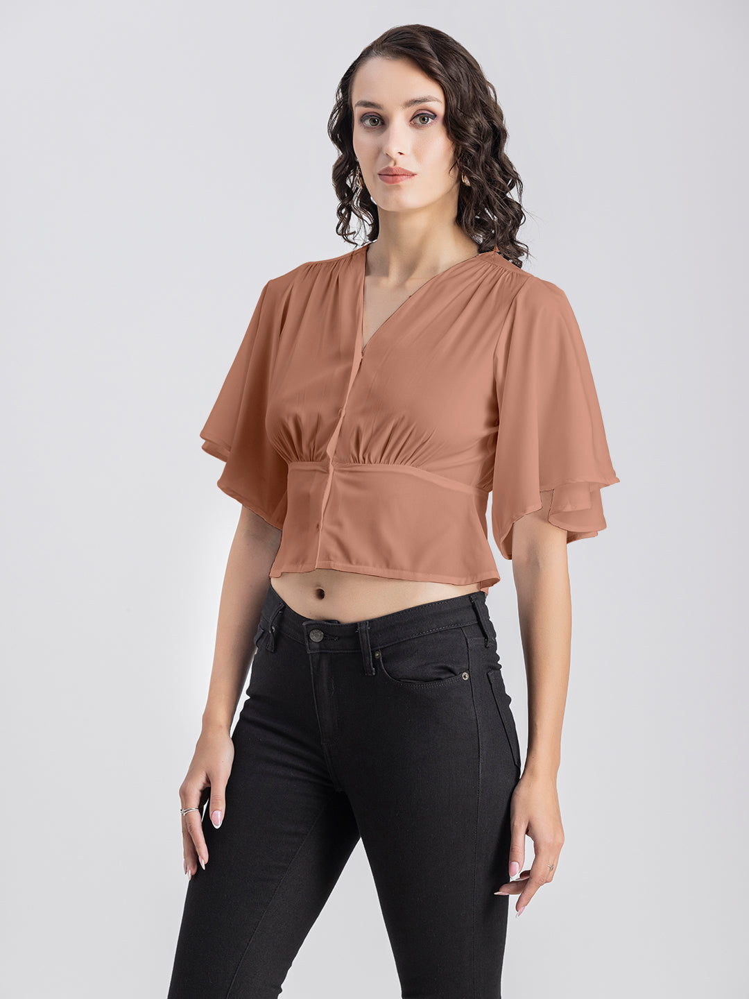 Solid V-Neck Flutter Top