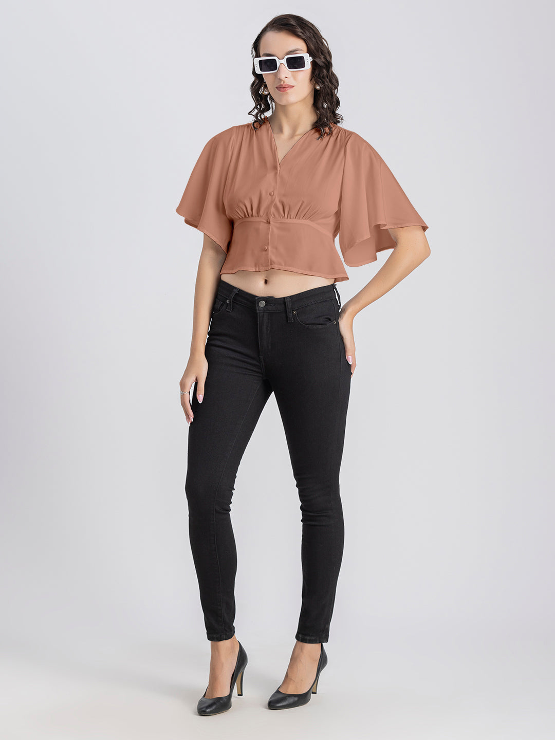 Solid V-Neck Flutter Top