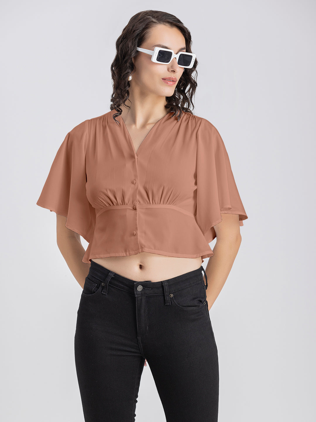 Solid V-Neck Flutter Top
