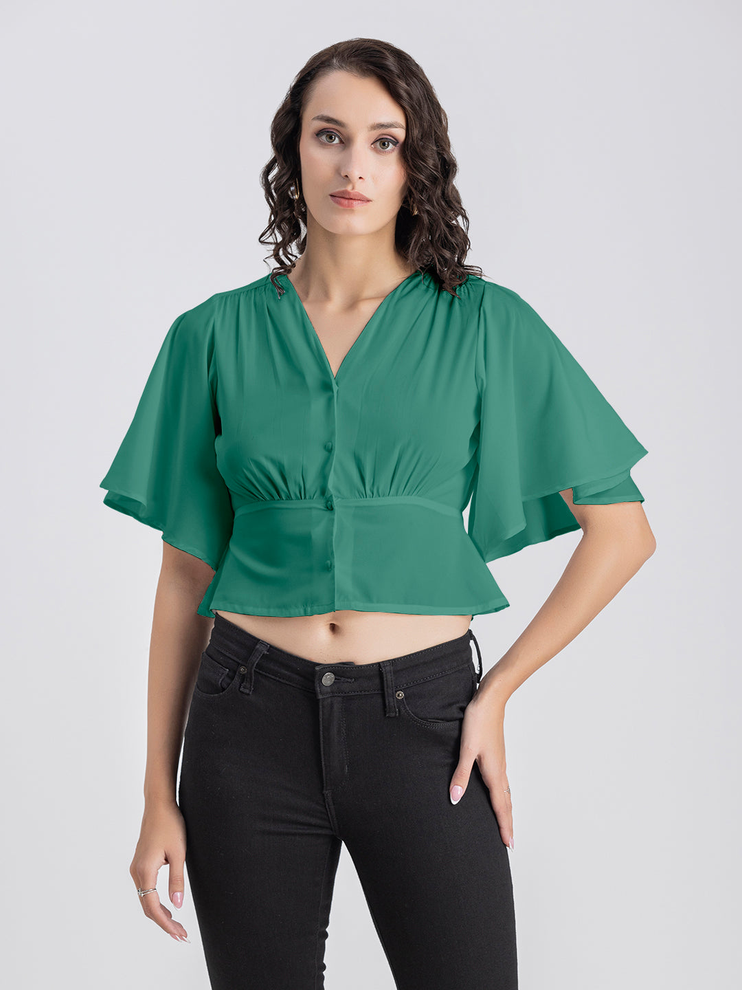 Solid V-Neck Flutter Top