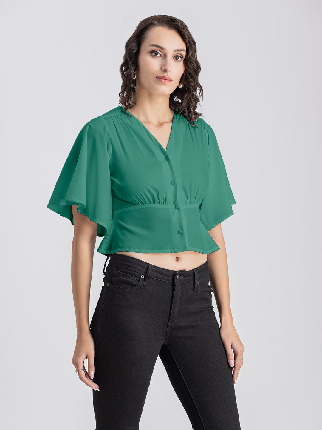 Solid V-Neck Flutter Top