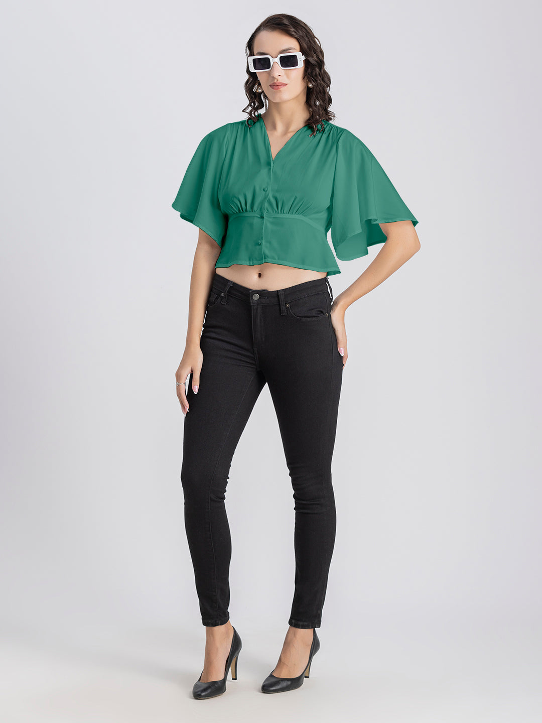 Solid V-Neck Flutter Top