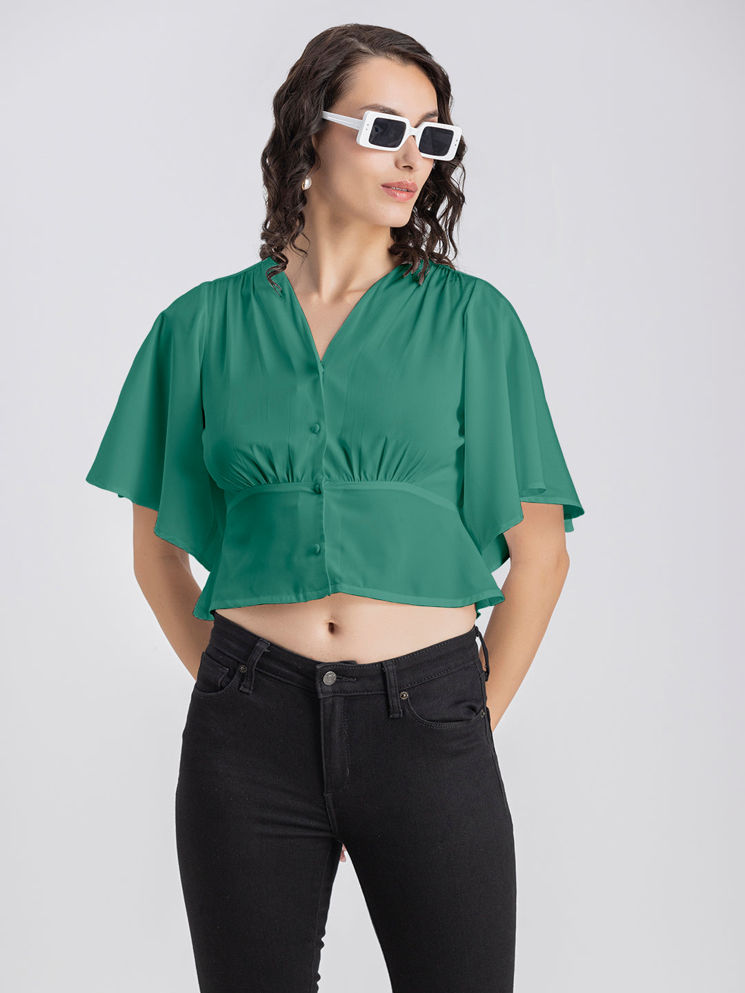 Solid V-Neck Flutter Top