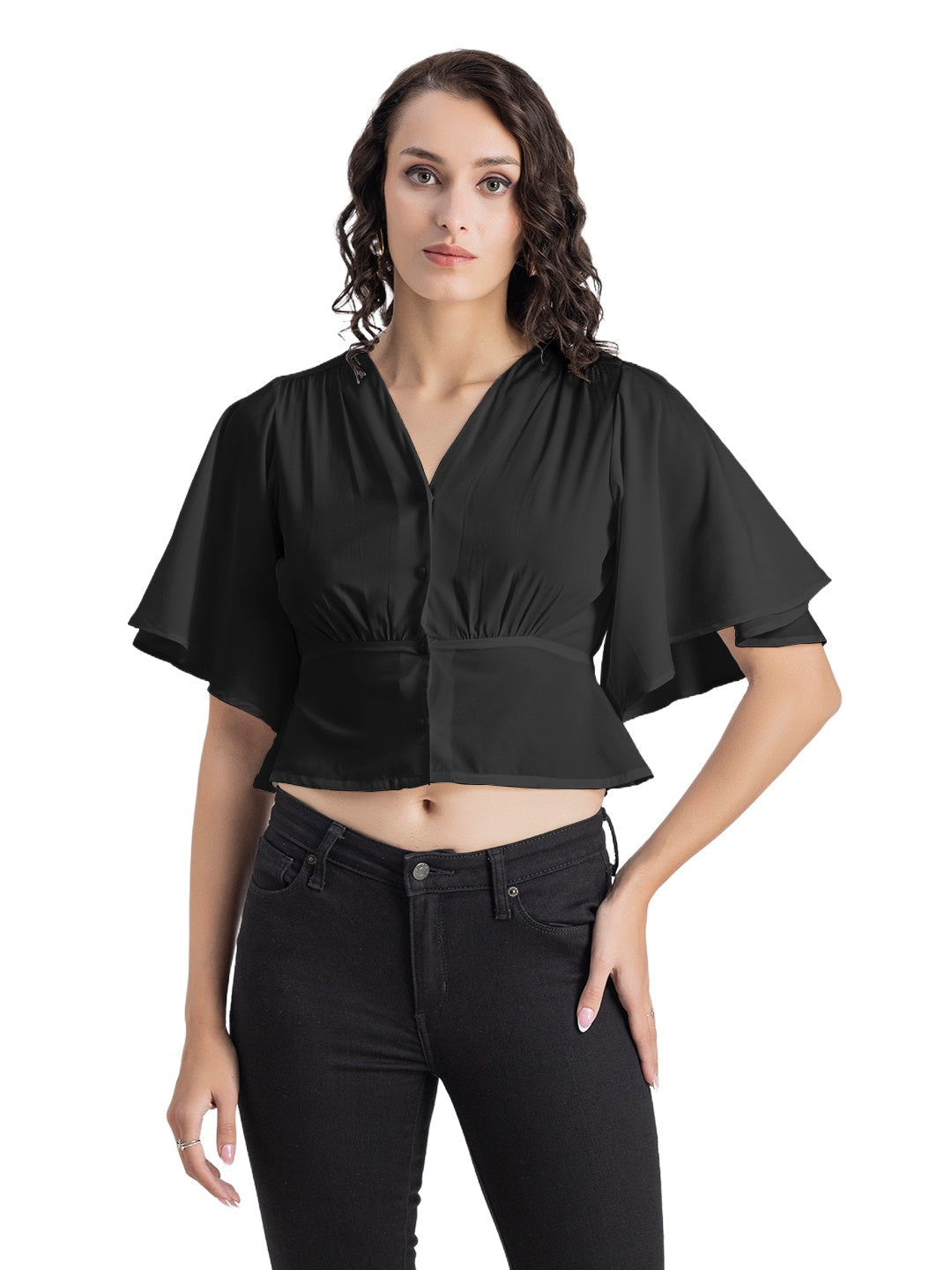 Solid V-Neck Flutter Top