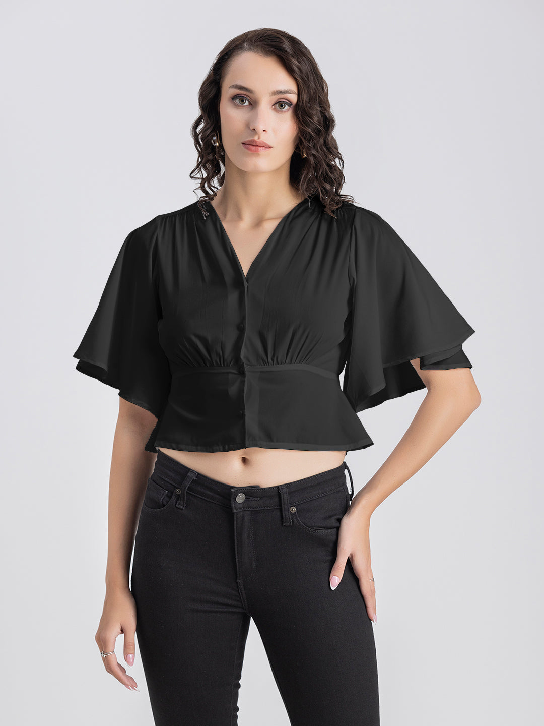 Solid V-Neck Flutter Top