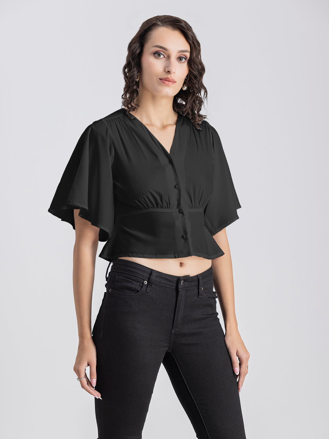 Solid V-Neck Flutter Top