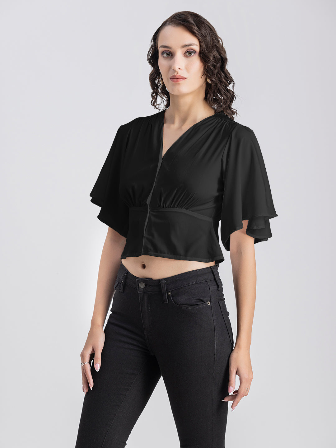 Solid V-Neck Flutter Top