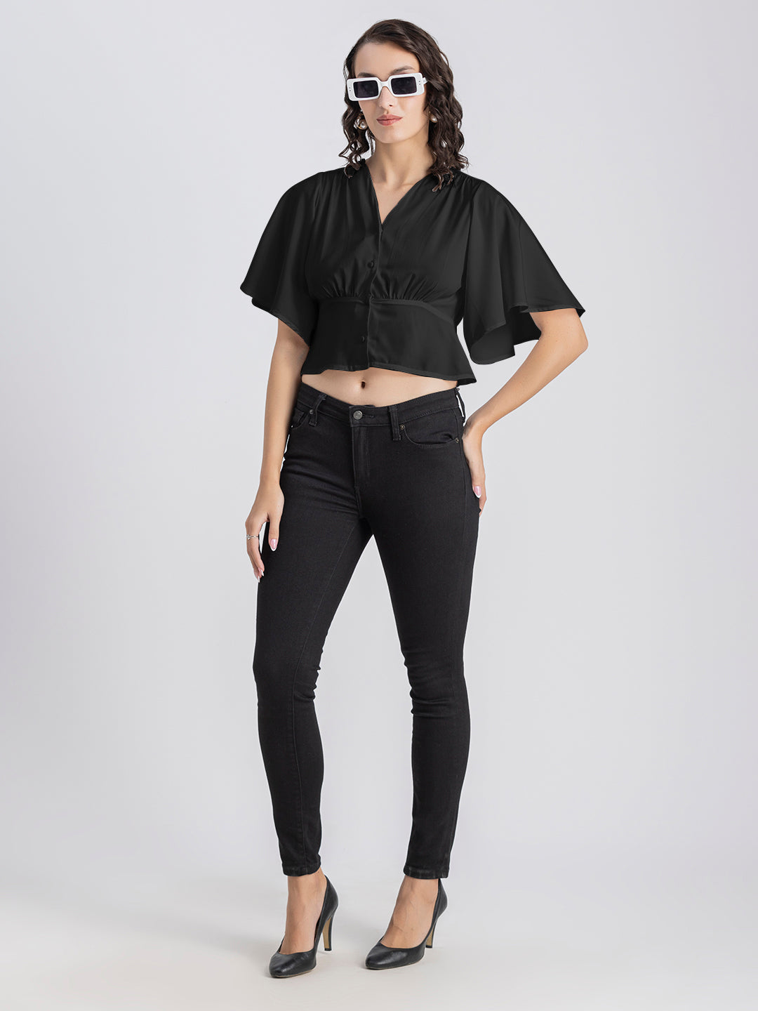 Solid V-Neck Flutter Top